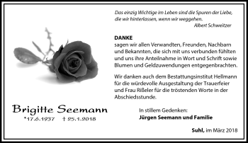 Traueranzeige von Brigitte Seemann von Südthüringer Presse