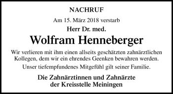 Traueranzeige von Wolfram Henneberger von Südthüringer Presse