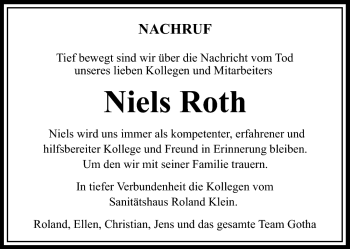 Traueranzeige von Niels Roth von Südthüringer Presse