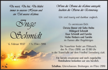 Traueranzeige von Inge Schmidt von Südthüringer Presse