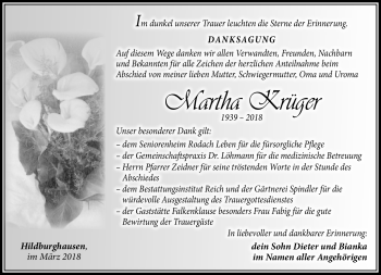 Traueranzeige von Martha Krüger von Südthüringer Presse