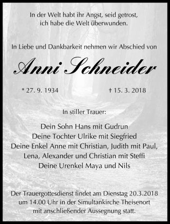 Traueranzeige von Anni Schneider von Neue Presse Coburg