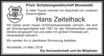 Traueranzeige von Hans Zeitelhack von Frankenpost