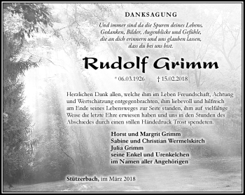 Traueranzeige von Rudolf Grimm von Südthüringer Presse