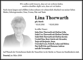 Traueranzeige von Lina Thorwarth von Südthüringer Presse