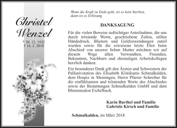 Traueranzeige von Christel Wenzel von Südthüringer Presse