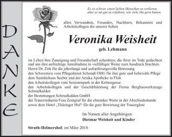 Traueranzeige von Veronika Weisheit von Südthüringer Presse