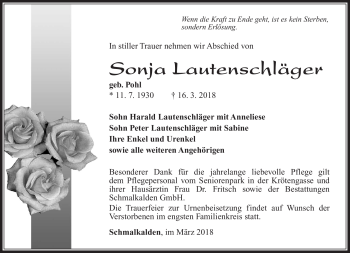 Traueranzeige von Sonja Lautenschläger von Südthüringer Presse
