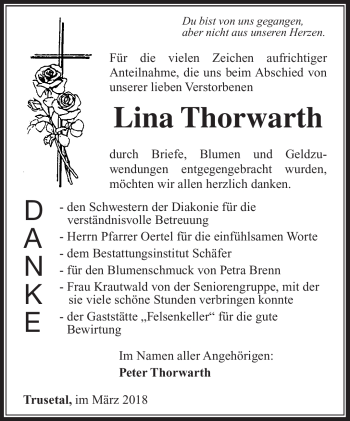 Traueranzeige von Lina Thorwarth von Südthüringer Presse