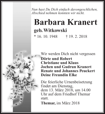 Traueranzeige von Barbara Kranert von Südthüringer Presse