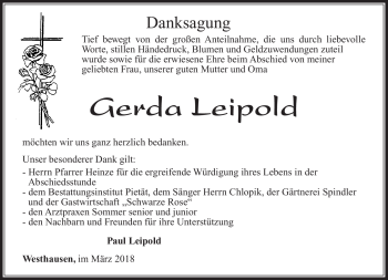 Traueranzeige von Gerda Leipold von Südthüringer Presse