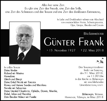 Traueranzeige von Günter Frank von Südthüringer Presse