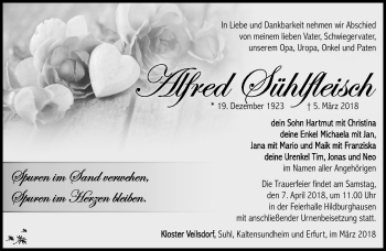 Traueranzeige von Alfred Sühlfleisch von Südthüringer Presse