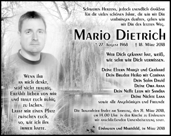 Traueranzeige von Mario Dietrich von Südthüringer Presse