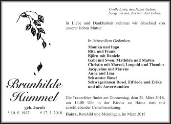 Traueranzeige von Brunhilde Hummel von Südthüringer Presse
