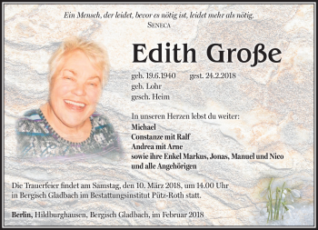Traueranzeige von Edith Große von Südthüringer Presse