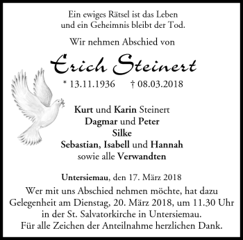Traueranzeige von Erich Steinert von Neue Presse Coburg