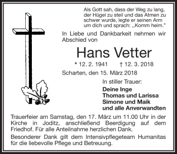 Traueranzeige von Hans Vetter von Frankenpost