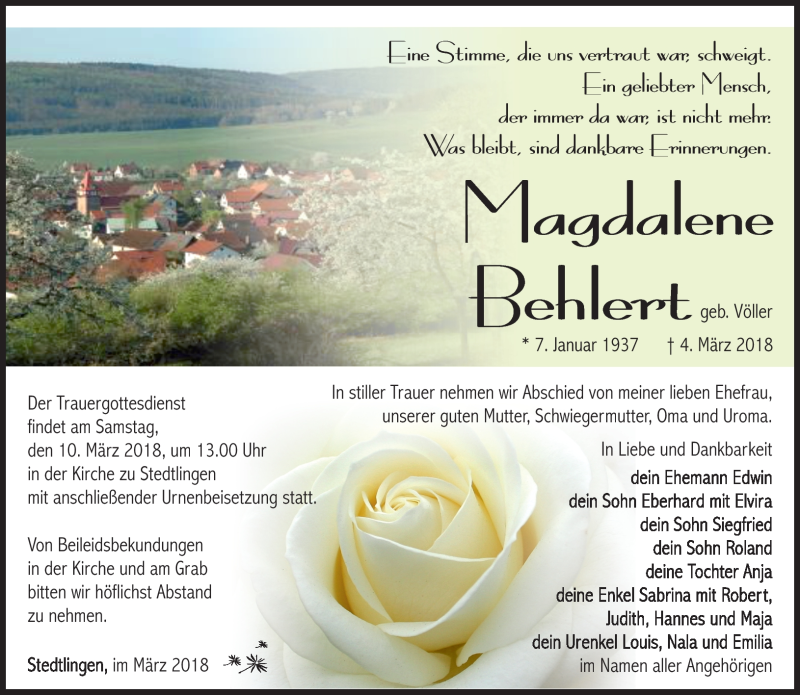  Traueranzeige für Magdalene Behlert vom 07.03.2018 aus Südthüringer Presse