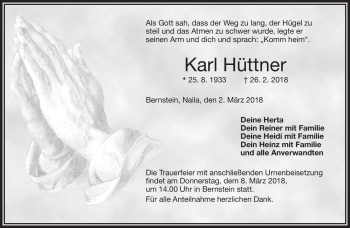 Traueranzeige von Karl Hüttner von Frankenpost