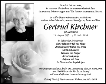 Traueranzeige von Gertrud Kirchner von Südthüringer Presse