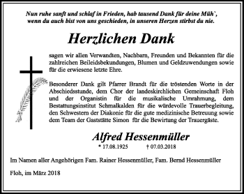 Traueranzeige von Alfred Hessenmüller von Südthüringer Presse