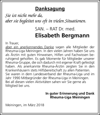 Traueranzeige von Elisabeth Bergmann von Südthüringer Presse