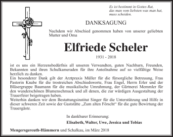 Traueranzeige von Elfriede Scheler von Südthüringer Presse