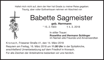 Traueranzeige von Babette Sagmeister von Neue Presse Coburg