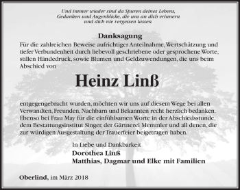 Traueranzeige von Heinz Linß von Südthüringer Presse