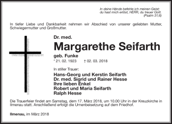 Traueranzeige von Margarethe Seifarth von Südthüringer Presse