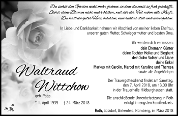 Traueranzeige von Waltraud Wittchow von Südthüringer Presse