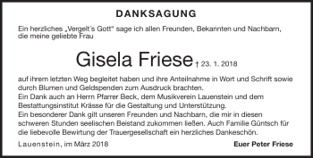 Traueranzeige von Gisela Friese von Neue Presse Coburg
