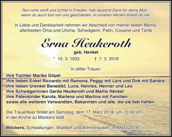 Traueranzeige von Erna Heukertoth von Südthüringer Presse