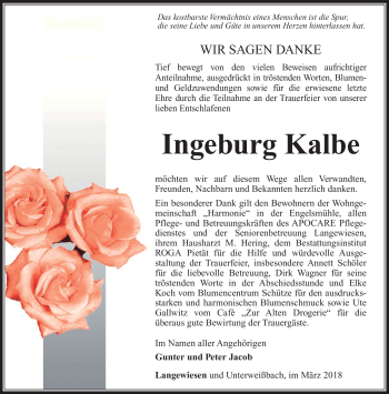 Traueranzeige von Ingeburg Kalbe von Südthüringer Presse