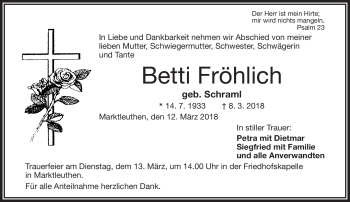 Traueranzeige von Betti Fröhlich von Frankenpost