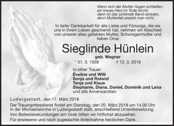 Traueranzeige von Sieglinde Hünlein von Neue Presse Coburg