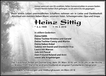 Traueranzeige von Heinz Sittig von Südthüringer Presse