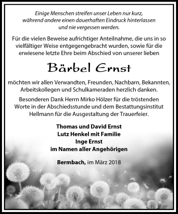 Traueranzeige von Bärbel Ernst von Südthüringer Presse