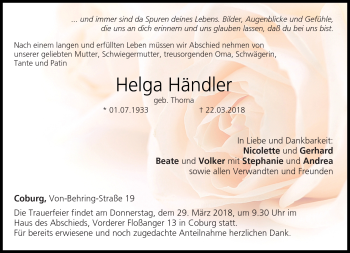 Traueranzeige von Helga Händler von Neue Presse Coburg