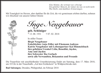 Traueranzeige von Inge Neugebauer von Südthüringer Presse