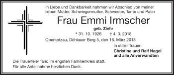 Traueranzeige von Emmi Irmscher von Frankenpost