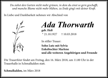 Traueranzeige von Ada Thorwarth von Südthüringer Presse