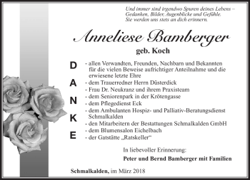 Traueranzeige von Anneliese Bamberger von Südthüringer Presse