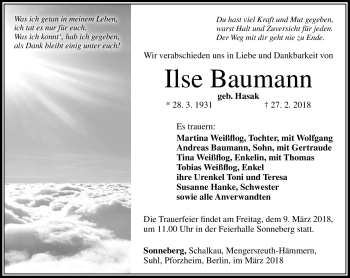 Traueranzeige von Ilse Baumann von Südthüringer Presse