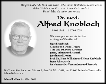 Traueranzeige von Alfred Knobloch von Südthüringer Presse
