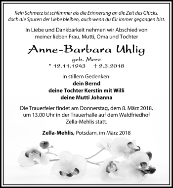 Traueranzeige von Anne-Barbara Uhlig von Südthüringer Presse