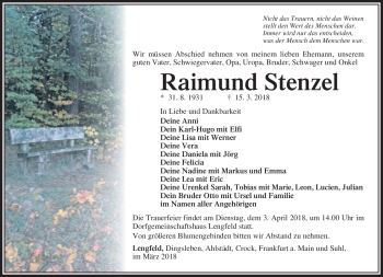 Traueranzeige von Raimund Stenzel von Südthüringer Presse