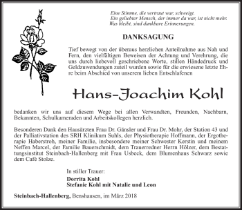 Traueranzeige von Hans-Joachim Kohl von Südthüringer Presse