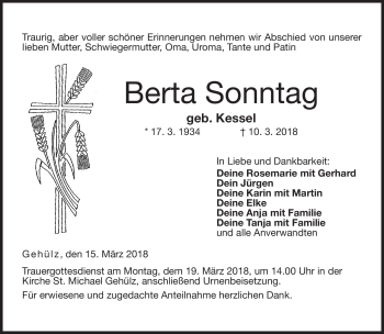 Traueranzeige von Berta Sonntag von Neue Presse Coburg